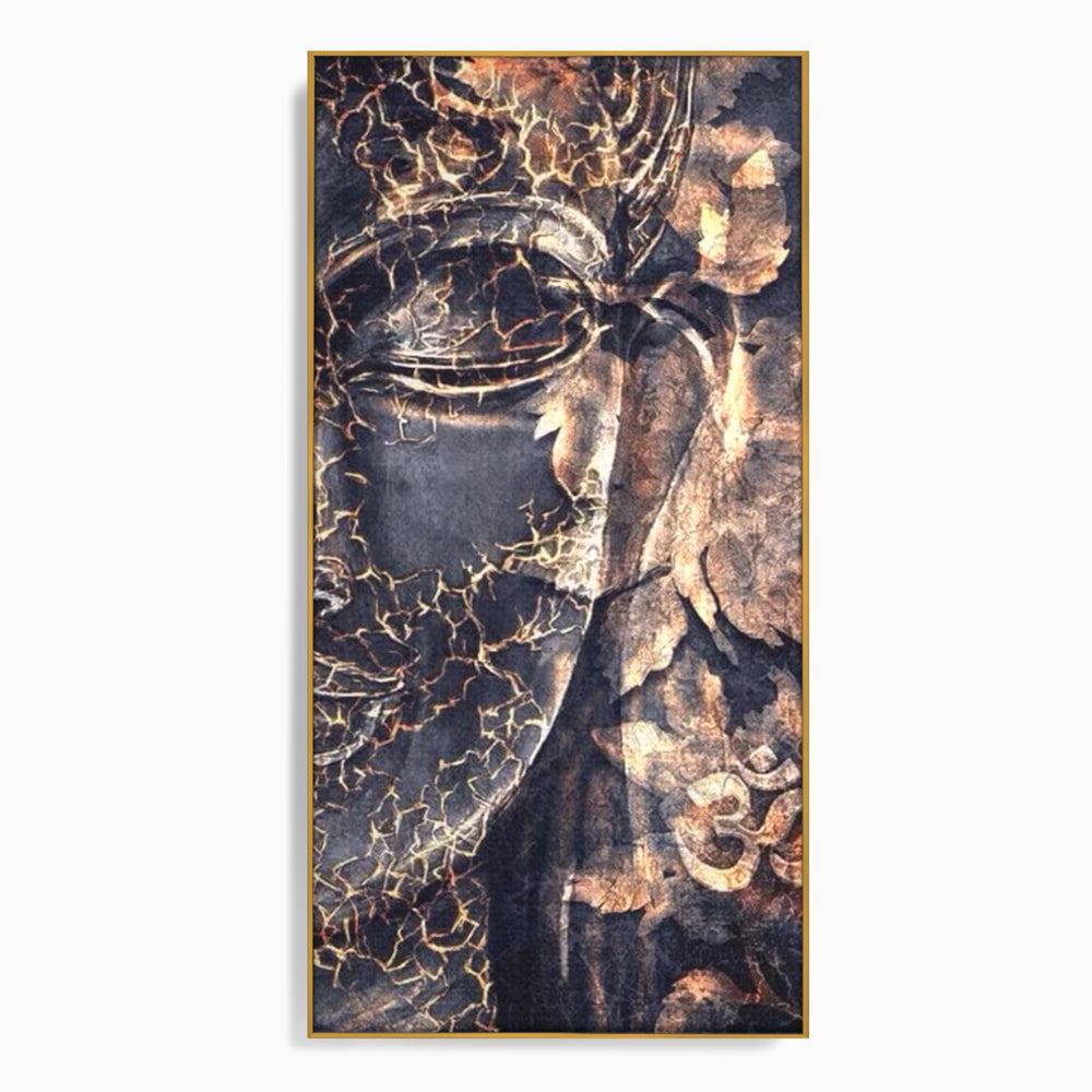 Tablou Canvas Premium LuxCanva® I118, Sub Pielea Timpului, Buddha, Vibratia OM, Constiinta, Spiritualitate, Crapaturi, Frunze, Foc Sacru, Contemplare