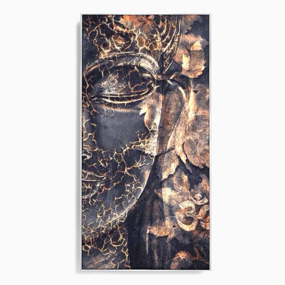 Tablou Canvas Premium LuxCanva® I118, Sub Pielea Timpului, Buddha, Vibratia OM, Constiinta, Spiritualitate, Crapaturi, Frunze, Foc Sacru, Contemplare