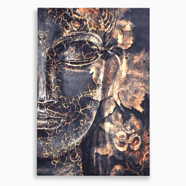 Tablou Canvas Premium LuxCanva® I118, Sub Pielea Timpului, Buddha, Vibratia OM, Constiinta, Spiritualitate, Crapaturi, Frunze, Foc Sacru, Contemplare