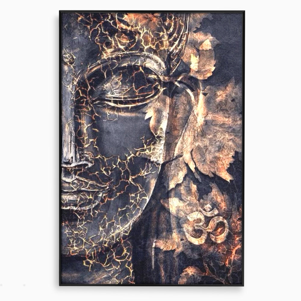 Tablou Canvas Premium LuxCanva® I118, Sub Pielea Timpului, Buddha, Vibratia OM, Constiinta, Spiritualitate, Crapaturi, Frunze, Foc Sacru, Contemplare