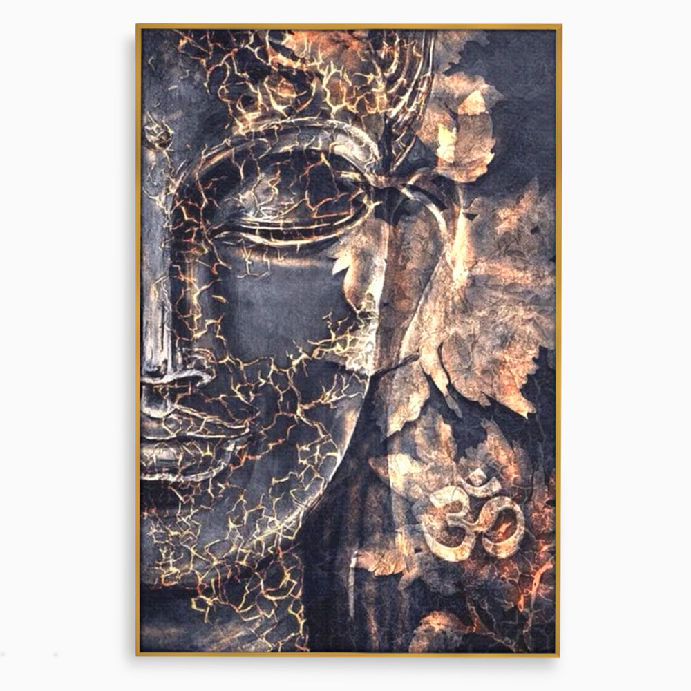 Tablou Canvas Premium LuxCanva® I118, Sub Pielea Timpului, Buddha, Vibratia OM, Constiinta, Spiritualitate, Crapaturi, Frunze, Foc Sacru, Contemplare