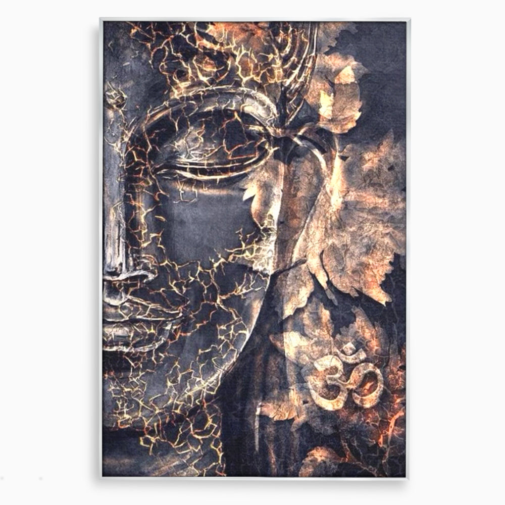 Tablou Canvas Premium LuxCanva® I118, Sub Pielea Timpului, Buddha, Vibratia OM, Constiinta, Spiritualitate, Crapaturi, Frunze, Foc Sacru, Contemplare