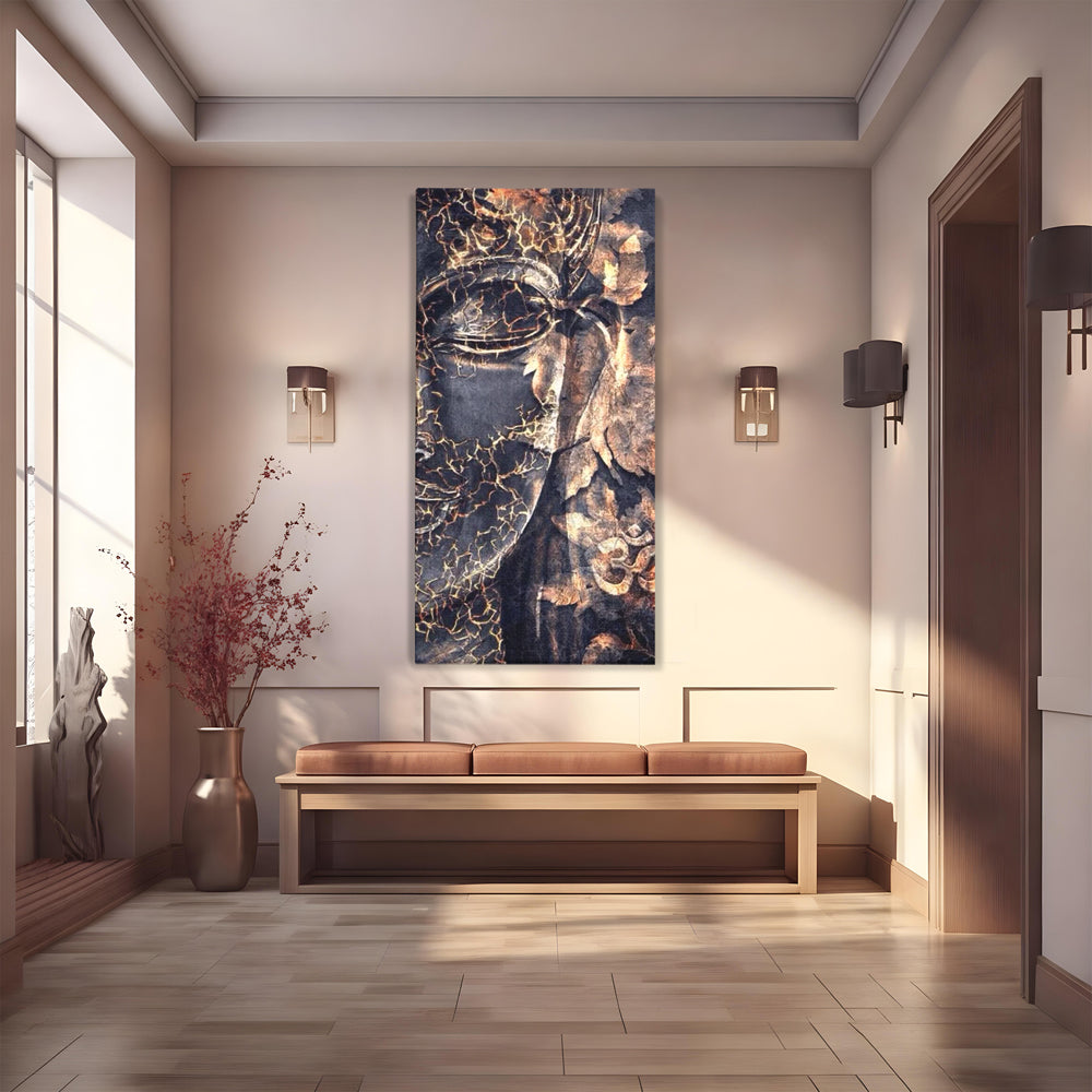 Tablou Canvas Premium LuxCanva® I118, Sub Pielea Timpului, Buddha, Vibratia OM, Constiinta, Spiritualitate, Crapaturi, Frunze, Foc Sacru, Contemplare
