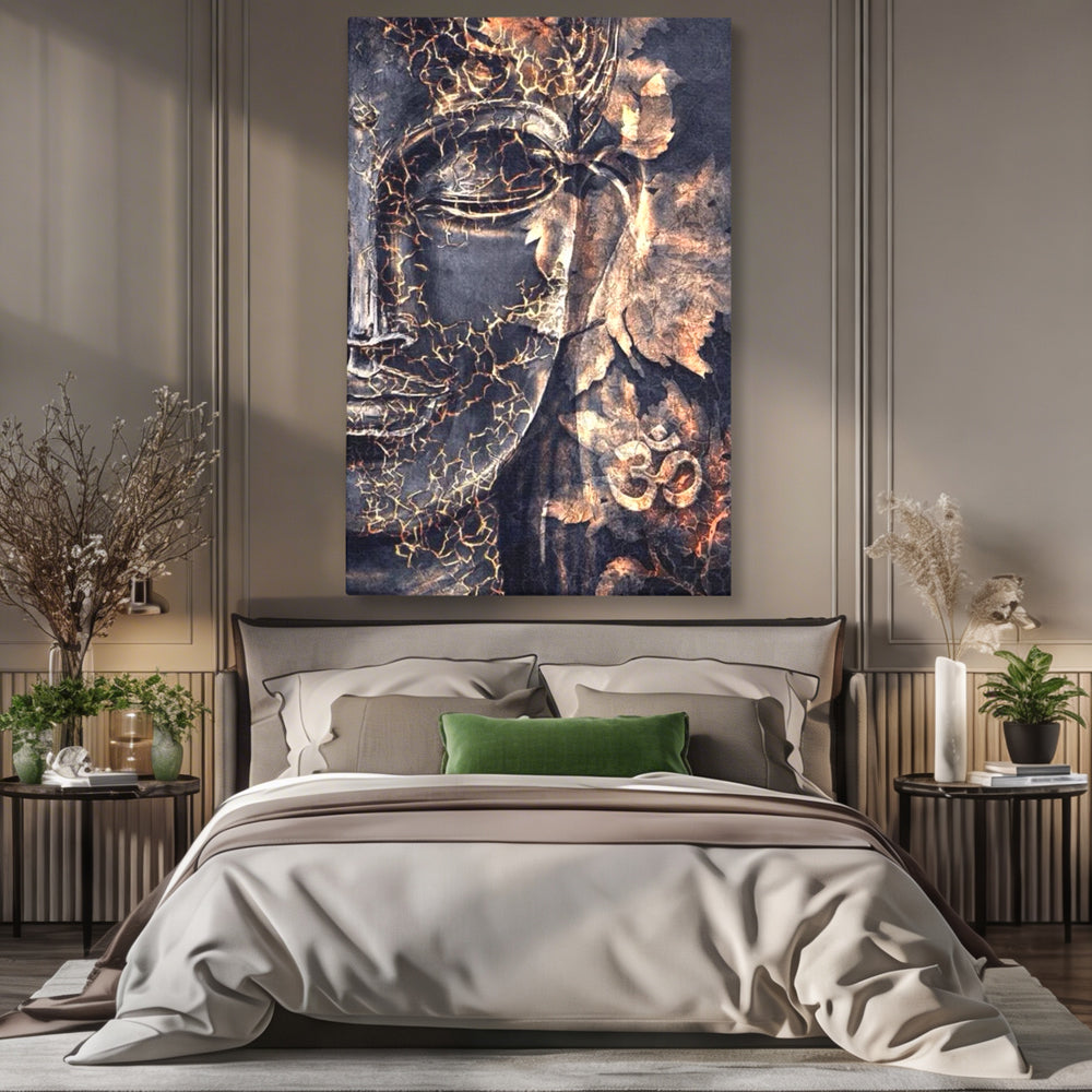 Tablou Canvas Premium LuxCanva® I118, Sub Pielea Timpului, Buddha, Vibratia OM, Constiinta, Spiritualitate, Crapaturi, Frunze, Foc Sacru, Contemplare