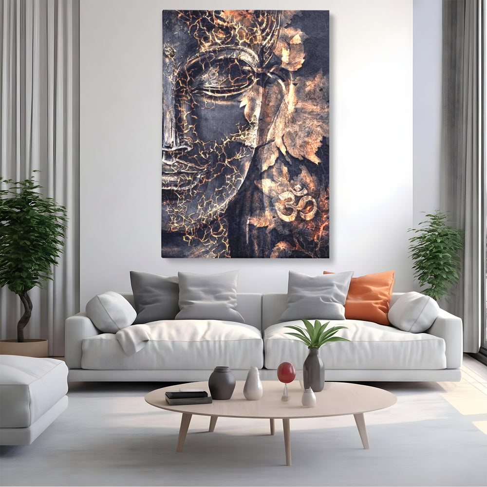 Tablou Canvas Premium LuxCanva® I118, Sub Pielea Timpului, Buddha, Vibratia OM, Constiinta, Spiritualitate, Crapaturi, Frunze, Foc Sacru, Contemplare