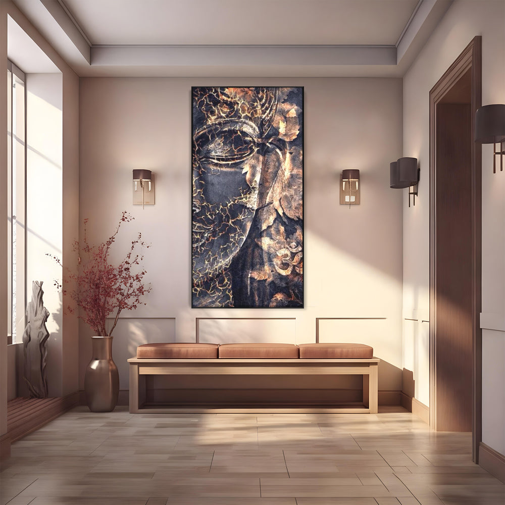 Tablou Canvas Premium LuxCanva® I118, Sub Pielea Timpului, Buddha, Vibratia OM, Constiinta, Spiritualitate, Crapaturi, Frunze, Foc Sacru, Contemplare