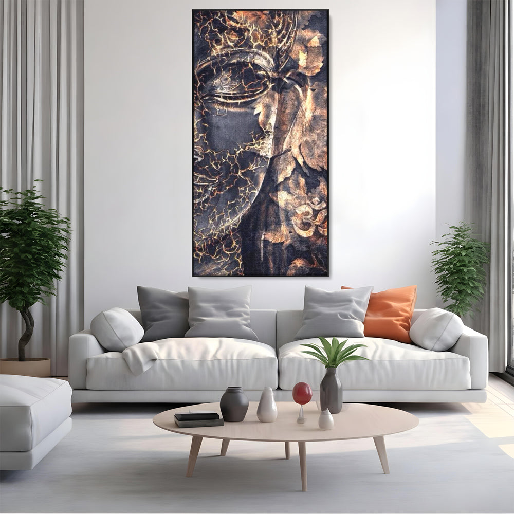 Tablou Canvas Premium LuxCanva® I118, Sub Pielea Timpului, Buddha, Vibratia OM, Constiinta, Spiritualitate, Crapaturi, Frunze, Foc Sacru, Contemplare