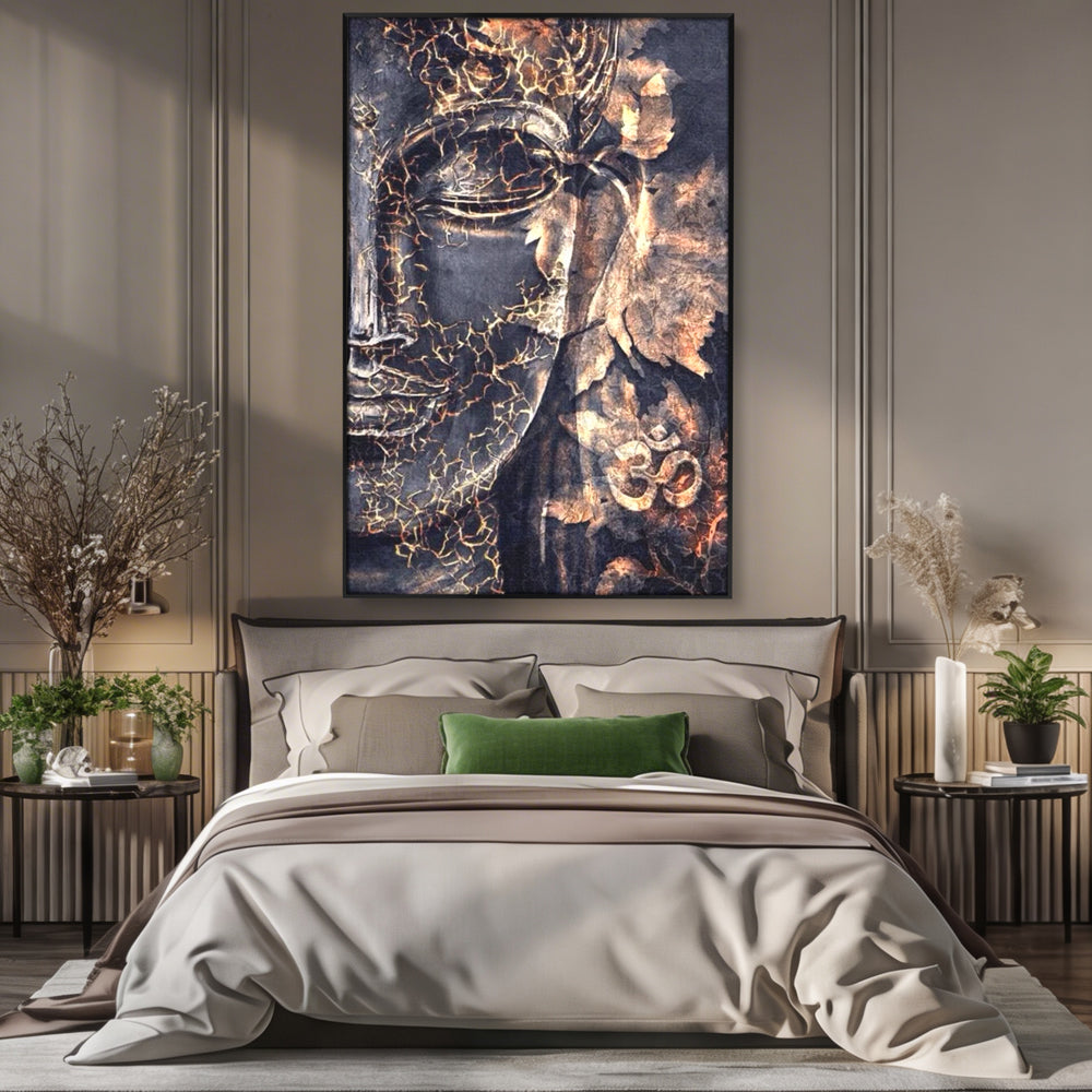 Tablou Canvas Premium LuxCanva® I118, Sub Pielea Timpului, Buddha, Vibratia OM, Constiinta, Spiritualitate, Crapaturi, Frunze, Foc Sacru, Contemplare