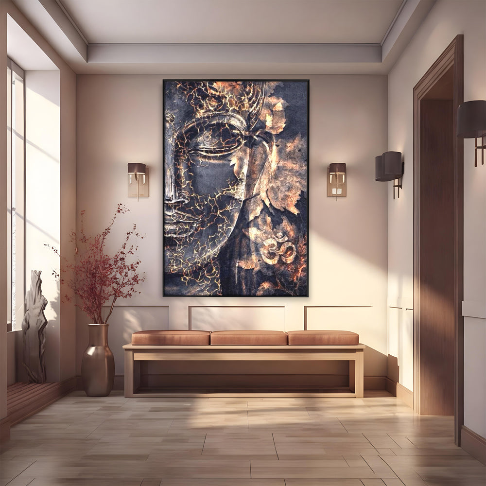 Tablou Canvas Premium LuxCanva® I118, Sub Pielea Timpului, Buddha, Vibratia OM, Constiinta, Spiritualitate, Crapaturi, Frunze, Foc Sacru, Contemplare