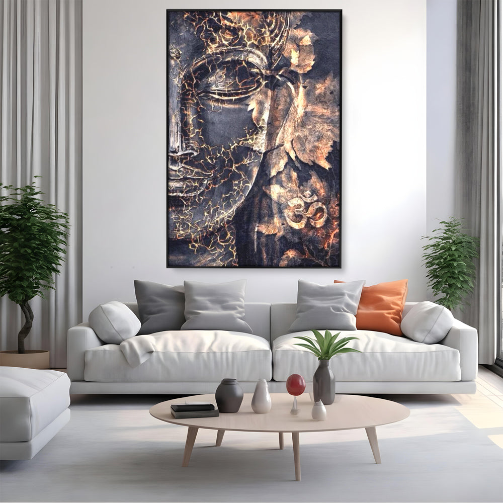 Tablou Canvas Premium LuxCanva® I118, Sub Pielea Timpului, Buddha, Vibratia OM, Constiinta, Spiritualitate, Crapaturi, Frunze, Foc Sacru, Contemplare
