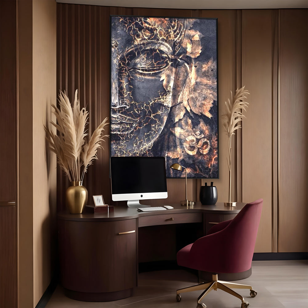 Tablou Canvas Premium LuxCanva® I118, Sub Pielea Timpului, Buddha, Vibratia OM, Constiinta, Spiritualitate, Crapaturi, Frunze, Foc Sacru, Contemplare