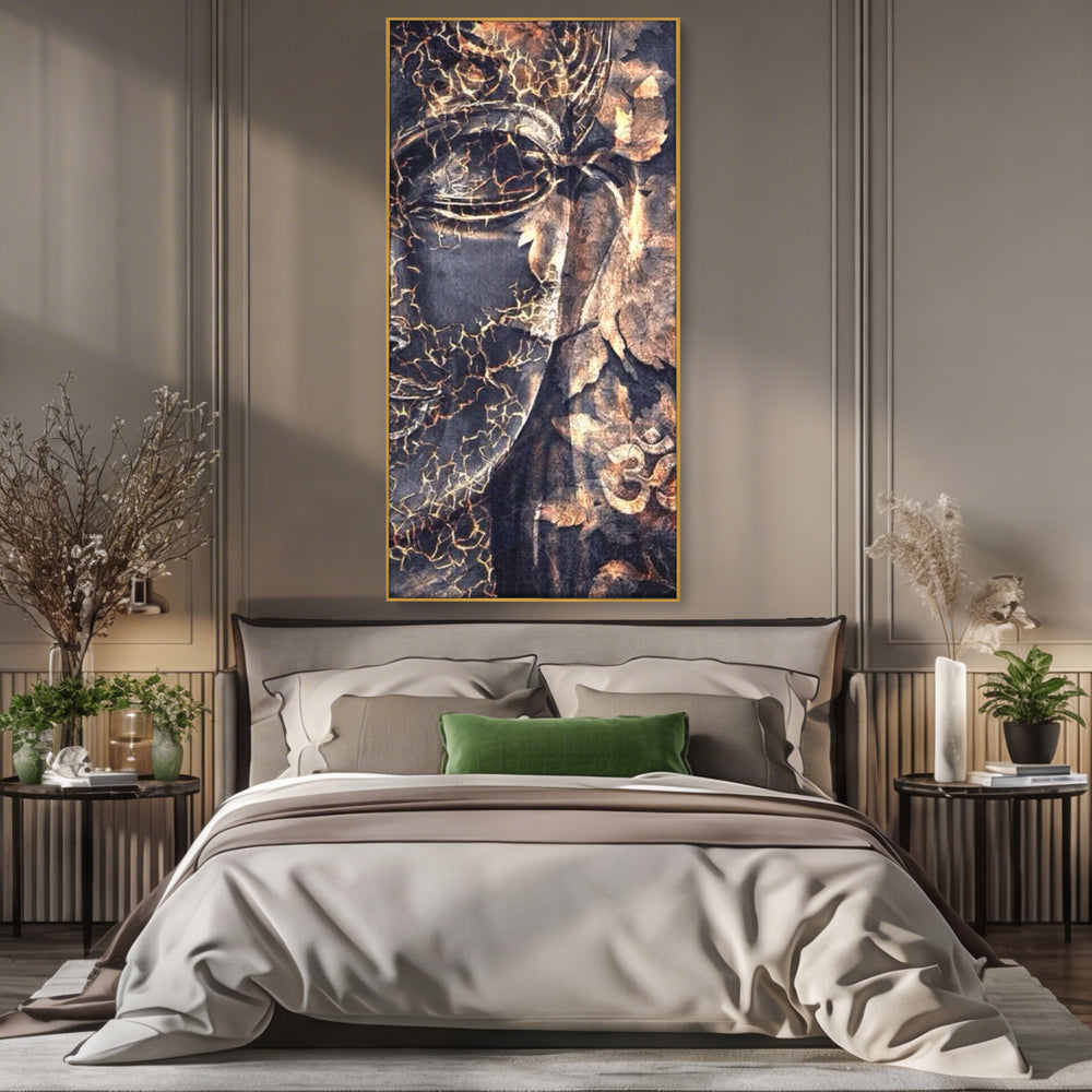 Tablou Canvas Premium LuxCanva® I118, Sub Pielea Timpului, Buddha, Vibratia OM, Constiinta, Spiritualitate, Crapaturi, Frunze, Foc Sacru, Contemplare