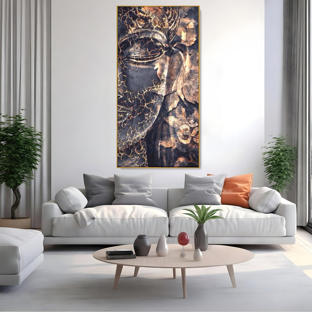 Tablou Canvas Premium LuxCanva® I118, Sub Pielea Timpului, Buddha, Vibratia OM, Constiinta, Spiritualitate, Crapaturi, Frunze, Foc Sacru, Contemplare