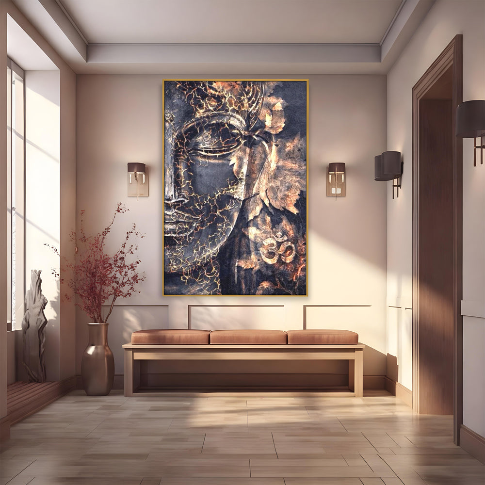 Tablou Canvas Premium LuxCanva® I118, Sub Pielea Timpului, Buddha, Vibratia OM, Constiinta, Spiritualitate, Crapaturi, Frunze, Foc Sacru, Contemplare