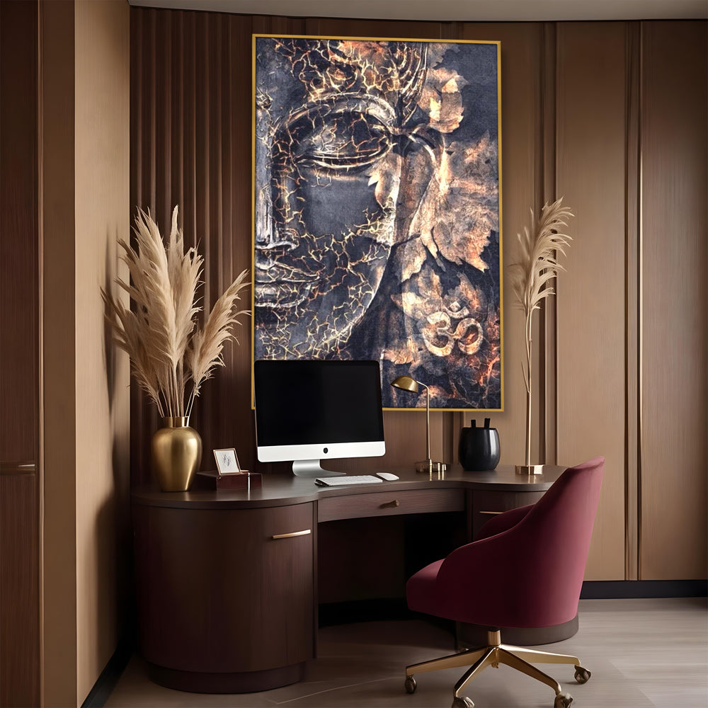 Tablou Canvas Premium LuxCanva® I118, Sub Pielea Timpului, Buddha, Vibratia OM, Constiinta, Spiritualitate, Crapaturi, Frunze, Foc Sacru, Contemplare