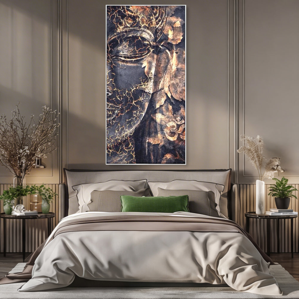 Tablou Canvas Premium LuxCanva® I118, Sub Pielea Timpului, Buddha, Vibratia OM, Constiinta, Spiritualitate, Crapaturi, Frunze, Foc Sacru, Contemplare