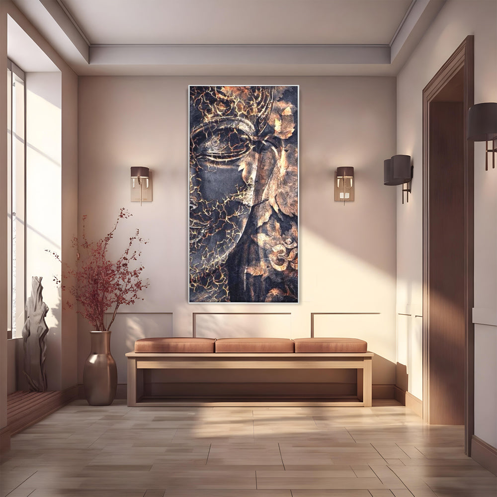 Tablou Canvas Premium LuxCanva® I118, Sub Pielea Timpului, Buddha, Vibratia OM, Constiinta, Spiritualitate, Crapaturi, Frunze, Foc Sacru, Contemplare