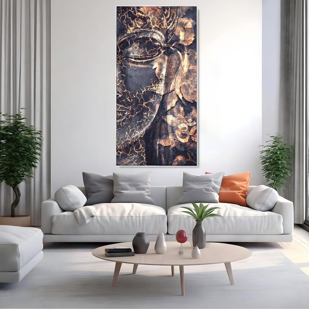 Tablou Canvas Premium LuxCanva® I118, Sub Pielea Timpului, Buddha, Vibratia OM, Constiinta, Spiritualitate, Crapaturi, Frunze, Foc Sacru, Contemplare