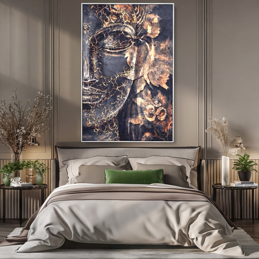 Tablou Canvas Premium LuxCanva® I118, Sub Pielea Timpului, Buddha, Vibratia OM, Constiinta, Spiritualitate, Crapaturi, Frunze, Foc Sacru, Contemplare