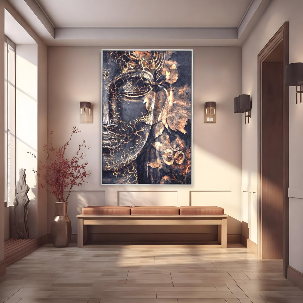 Tablou Canvas Premium LuxCanva® I118, Sub Pielea Timpului, Buddha, Vibratia OM, Constiinta, Spiritualitate, Crapaturi, Frunze, Foc Sacru, Contemplare