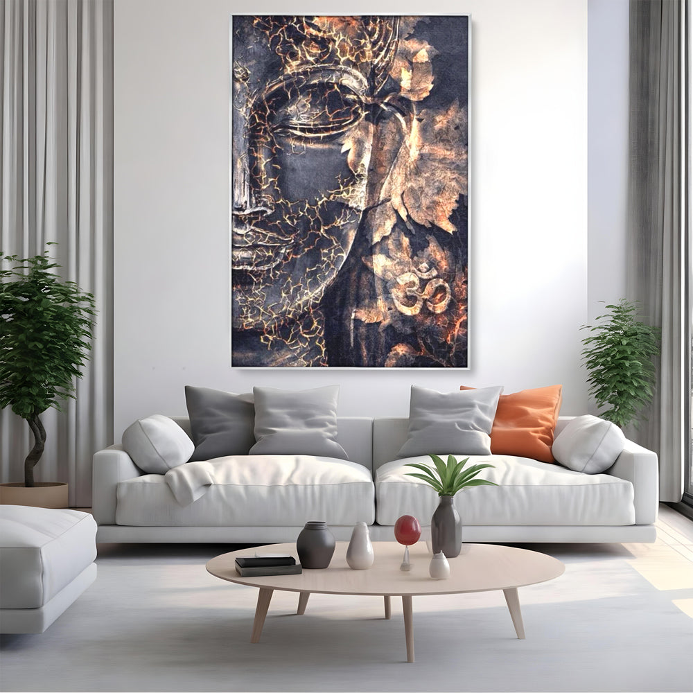 Tablou Canvas Premium LuxCanva® I118, Sub Pielea Timpului, Buddha, Vibratia OM, Constiinta, Spiritualitate, Crapaturi, Frunze, Foc Sacru, Contemplare