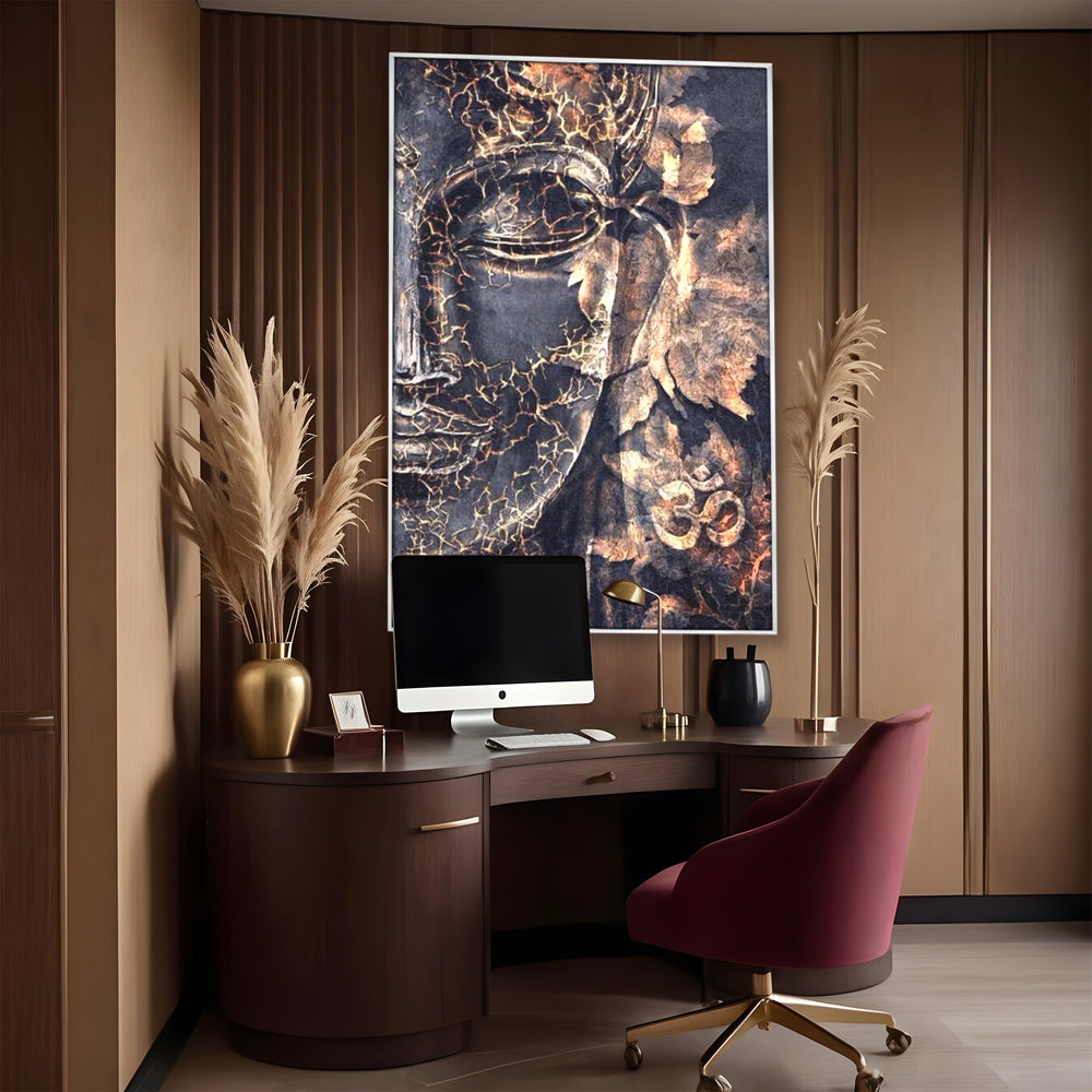Tablou Canvas Premium LuxCanva® I118, Sub Pielea Timpului, Buddha, Vibratia OM, Constiinta, Spiritualitate, Crapaturi, Frunze, Foc Sacru, Contemplare