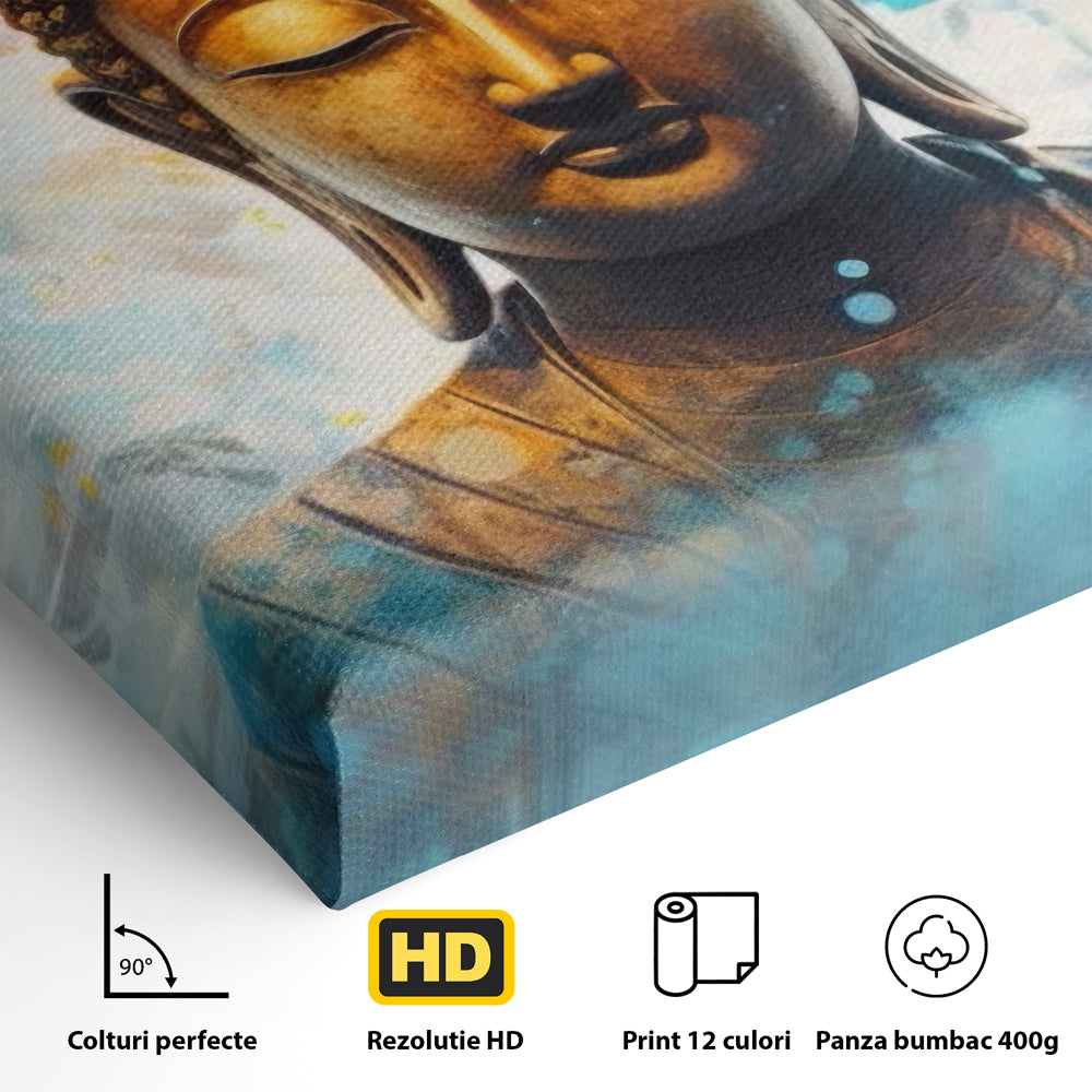 Tablou Canvas Premium LuxCanva® I123, Reflectia Iluminarii, Buddha, Zen, Iluminare, Pace Interioara, Spiritualitate, Armonie, Meditatie, Albastru, Gold, Living, Dormitor