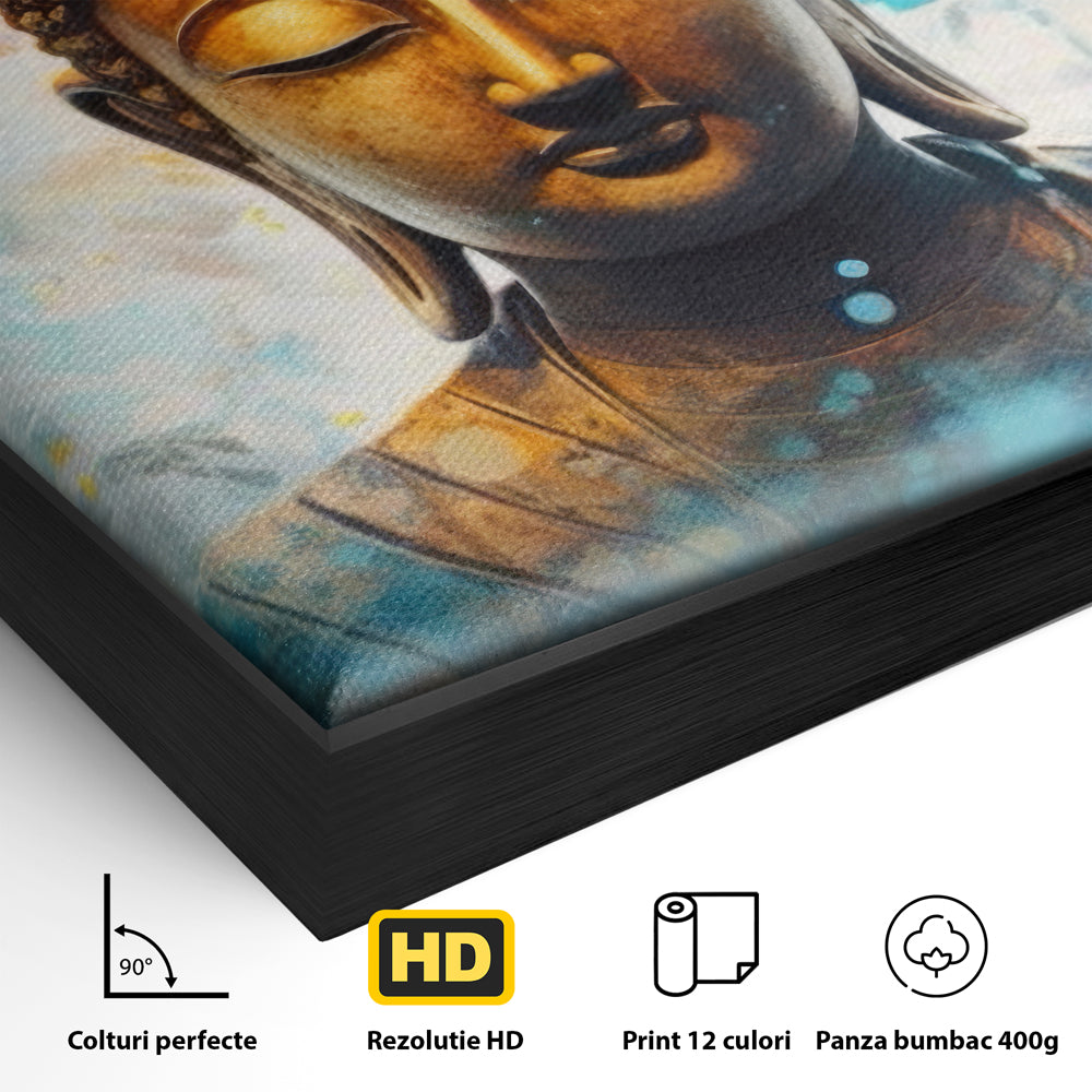 Tablou Canvas Premium LuxCanva® I123, Reflectia Iluminarii, Buddha, Zen, Iluminare, Pace Interioara, Spiritualitate, Armonie, Meditatie, Albastru, Gold, Living, Dormitor