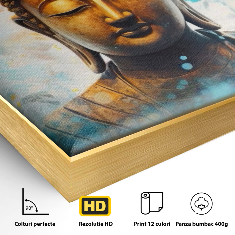 Tablou Canvas Premium LuxCanva® I123, Reflectia Iluminarii, Buddha, Zen, Iluminare, Pace Interioara, Spiritualitate, Armonie, Meditatie, Albastru, Gold, Living, Dormitor
