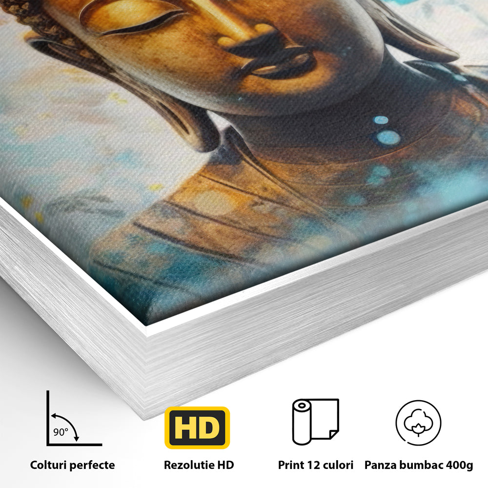 Tablou Canvas Premium LuxCanva® I123, Reflectia Iluminarii, Buddha, Zen, Iluminare, Pace Interioara, Spiritualitate, Armonie, Meditatie, Albastru, Gold, Living, Dormitor