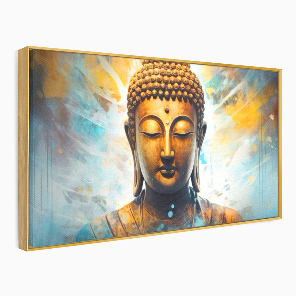 Tablou Canvas Premium LuxCanva® I123, Reflectia Iluminarii, Buddha, Zen, Iluminare, Pace Interioara, Spiritualitate, Armonie, Meditatie, Albastru, Gold, Living, Dormitor