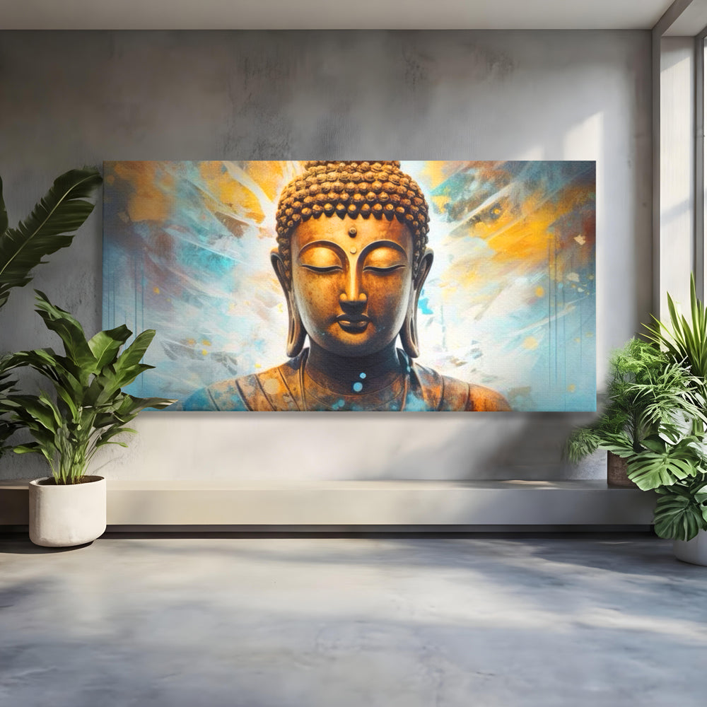 Tablou Canvas Premium LuxCanva® I123, Reflectia Iluminarii, Buddha, Zen, Iluminare, Pace Interioara, Spiritualitate, Armonie, Meditatie, Albastru, Gold, Living, Dormitor