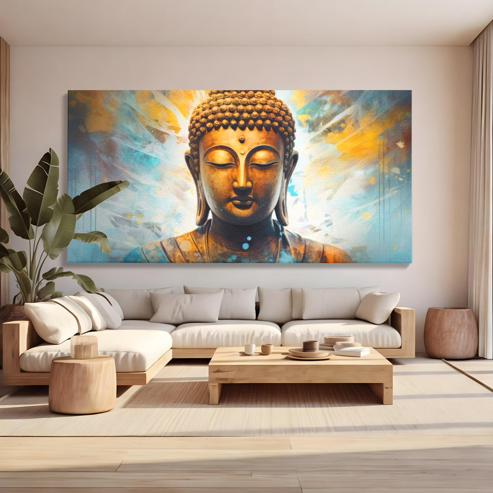 Tablou Canvas Premium LuxCanva® I123, Reflectia Iluminarii, Buddha, Zen, Iluminare, Pace Interioara, Spiritualitate, Armonie, Meditatie, Albastru, Gold, Living, Dormitor