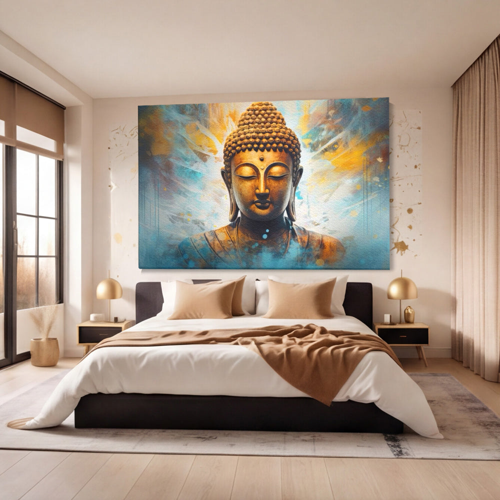 Tablou Canvas Premium LuxCanva® I123, Reflectia Iluminarii, Buddha, Zen, Iluminare, Pace Interioara, Spiritualitate, Armonie, Meditatie, Albastru, Gold, Living, Dormitor