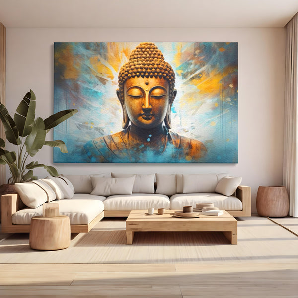 Tablou Canvas Premium LuxCanva® I123, Reflectia Iluminarii, Buddha, Zen, Iluminare, Pace Interioara, Spiritualitate, Armonie, Meditatie, Albastru, Gold, Living, Dormitor