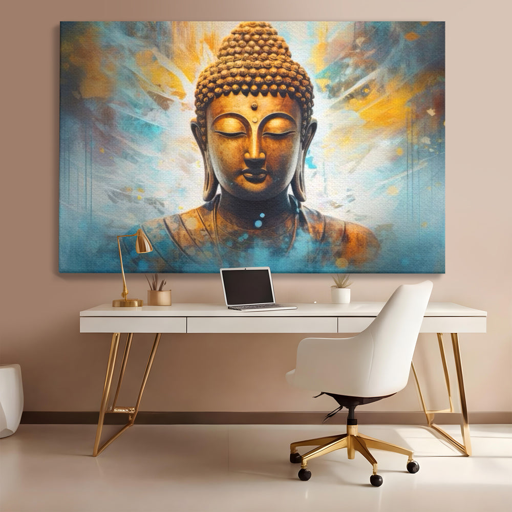 Tablou Canvas Premium LuxCanva® I123, Reflectia Iluminarii, Buddha, Zen, Iluminare, Pace Interioara, Spiritualitate, Armonie, Meditatie, Albastru, Gold, Living, Dormitor
