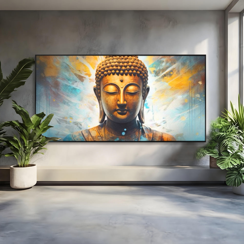 Tablou Canvas Premium LuxCanva® I123, Reflectia Iluminarii, Buddha, Zen, Iluminare, Pace Interioara, Spiritualitate, Armonie, Meditatie, Albastru, Gold, Living, Dormitor