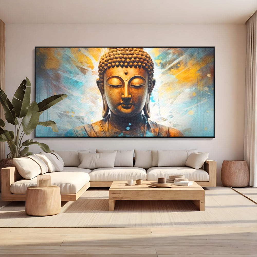 Tablou Canvas Premium LuxCanva® I123, Reflectia Iluminarii, Buddha, Zen, Iluminare, Pace Interioara, Spiritualitate, Armonie, Meditatie, Albastru, Gold, Living, Dormitor