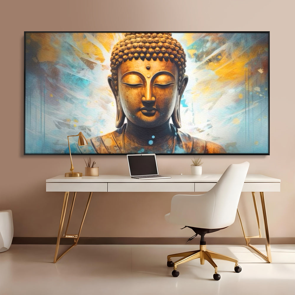 Tablou Canvas Premium LuxCanva® I123, Reflectia Iluminarii, Buddha, Zen, Iluminare, Pace Interioara, Spiritualitate, Armonie, Meditatie, Albastru, Gold, Living, Dormitor