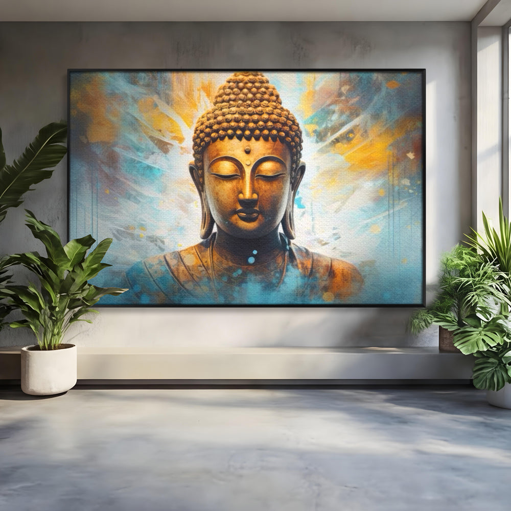 Tablou Canvas Premium LuxCanva® I123, Reflectia Iluminarii, Buddha, Zen, Iluminare, Pace Interioara, Spiritualitate, Armonie, Meditatie, Albastru, Gold, Living, Dormitor