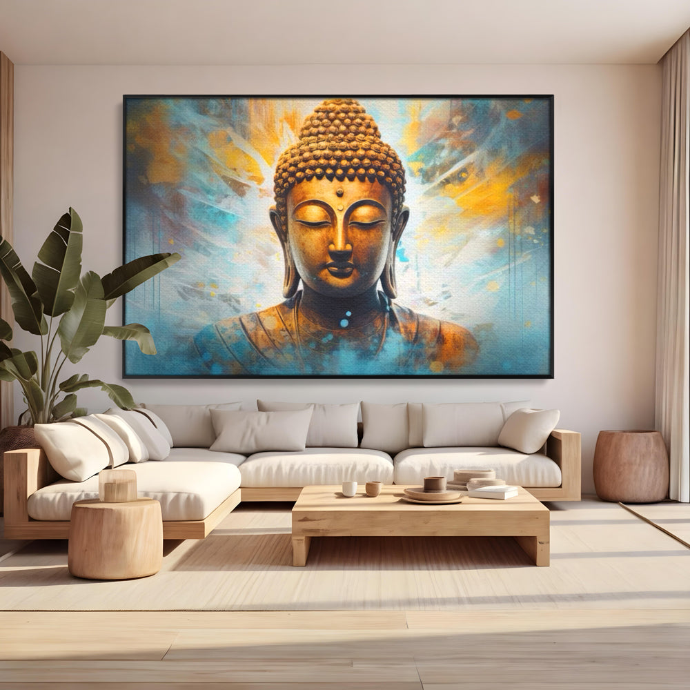 Tablou Canvas Premium LuxCanva® I123, Reflectia Iluminarii, Buddha, Zen, Iluminare, Pace Interioara, Spiritualitate, Armonie, Meditatie, Albastru, Gold, Living, Dormitor