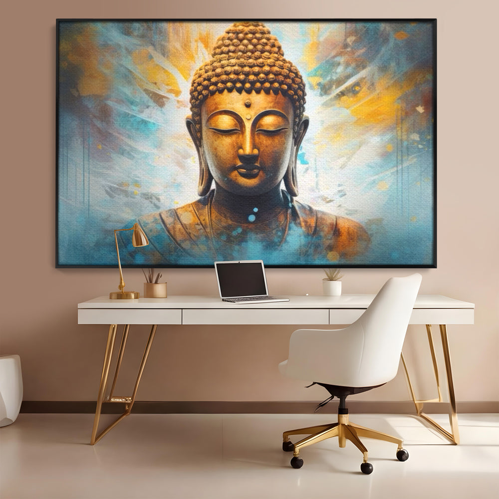 Tablou Canvas Premium LuxCanva® I123, Reflectia Iluminarii, Buddha, Zen, Iluminare, Pace Interioara, Spiritualitate, Armonie, Meditatie, Albastru, Gold, Living, Dormitor