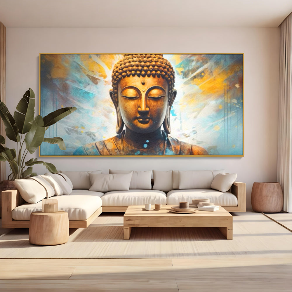 Tablou Canvas Premium LuxCanva® I123, Reflectia Iluminarii, Buddha, Zen, Iluminare, Pace Interioara, Spiritualitate, Armonie, Meditatie, Albastru, Gold, Living, Dormitor