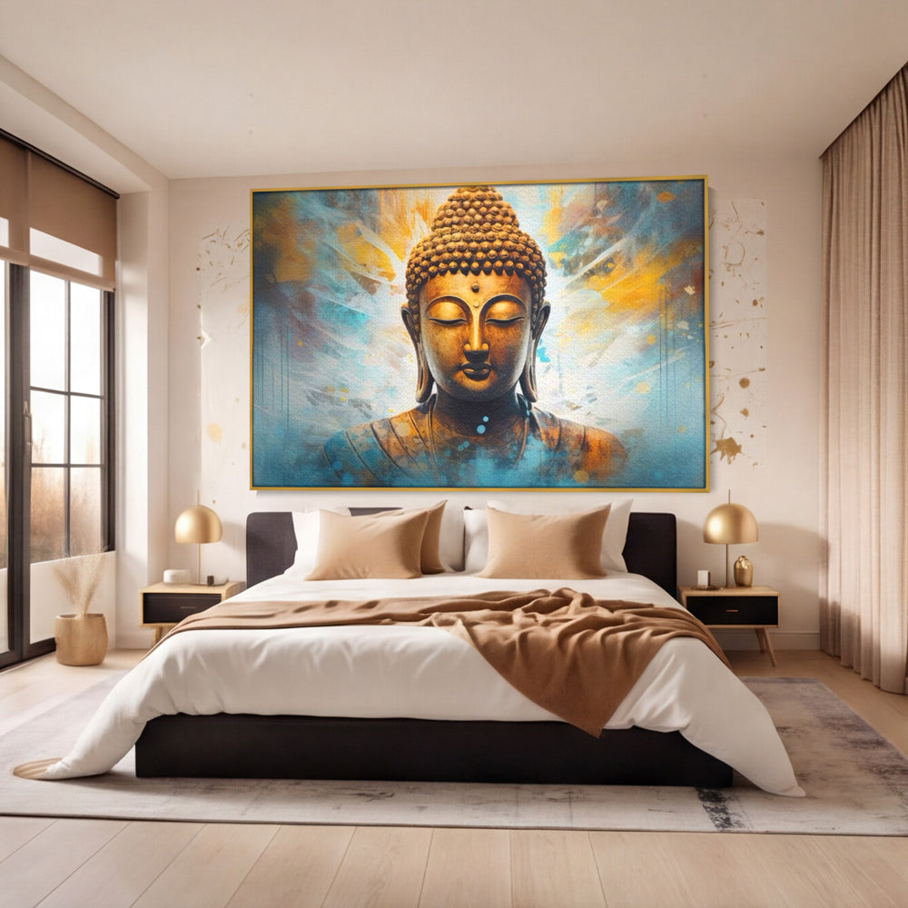 Tablou Canvas Premium LuxCanva® I123, Reflectia Iluminarii, Buddha, Zen, Iluminare, Pace Interioara, Spiritualitate, Armonie, Meditatie, Albastru, Gold, Living, Dormitor