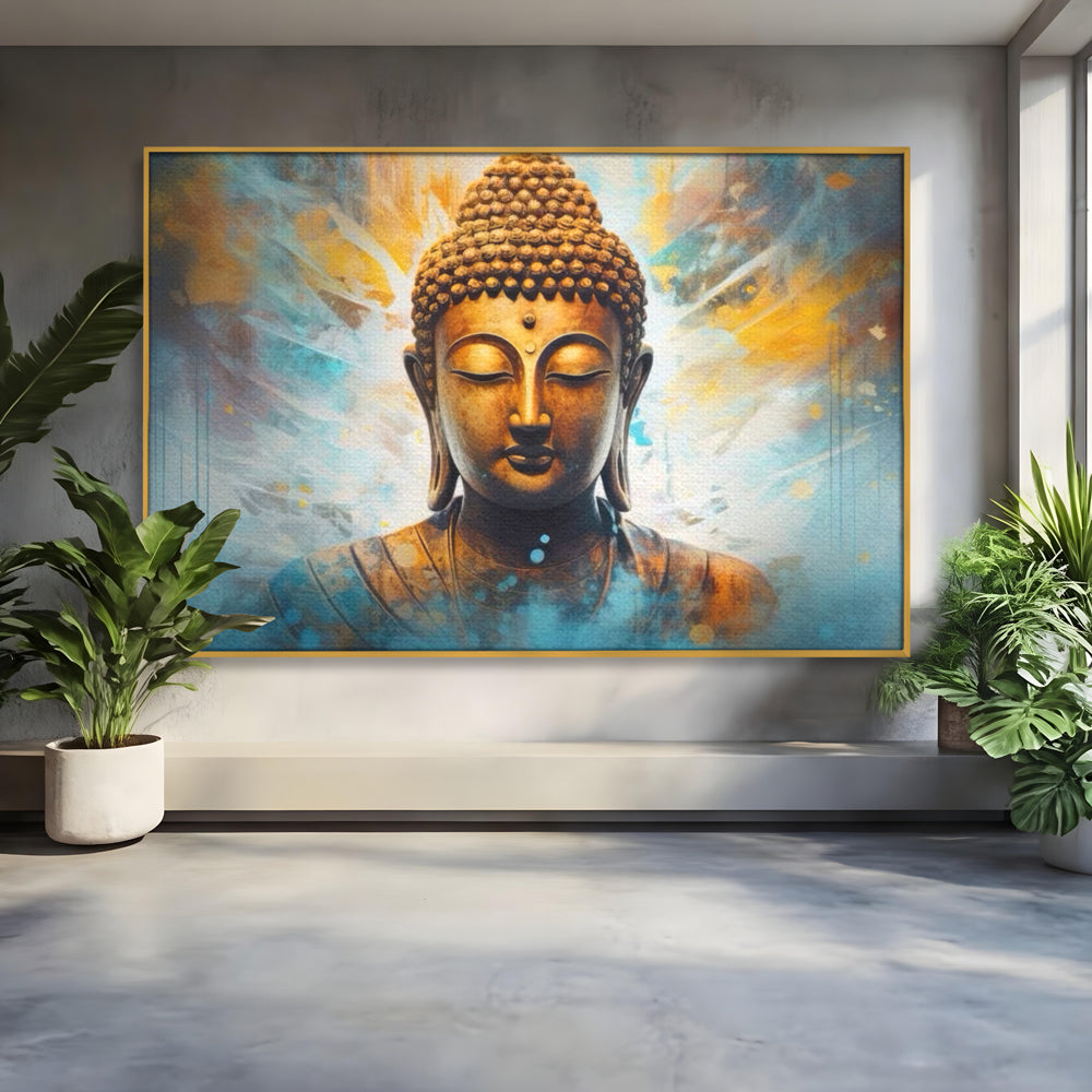 Tablou Canvas Premium LuxCanva® I123, Reflectia Iluminarii, Buddha, Zen, Iluminare, Pace Interioara, Spiritualitate, Armonie, Meditatie, Albastru, Gold, Living, Dormitor