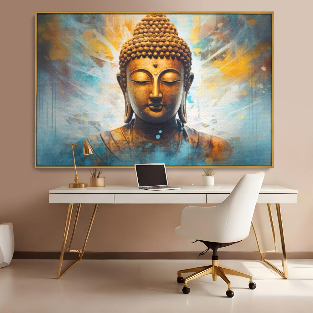 Tablou Canvas Premium LuxCanva® I123, Reflectia Iluminarii, Buddha, Zen, Iluminare, Pace Interioara, Spiritualitate, Armonie, Meditatie, Albastru, Gold, Living, Dormitor