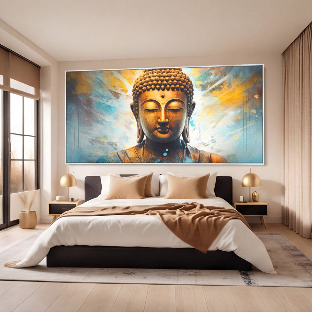 Tablou Canvas Premium LuxCanva® I123, Reflectia Iluminarii, Buddha, Zen, Iluminare, Pace Interioara, Spiritualitate, Armonie, Meditatie, Albastru, Gold, Living, Dormitor