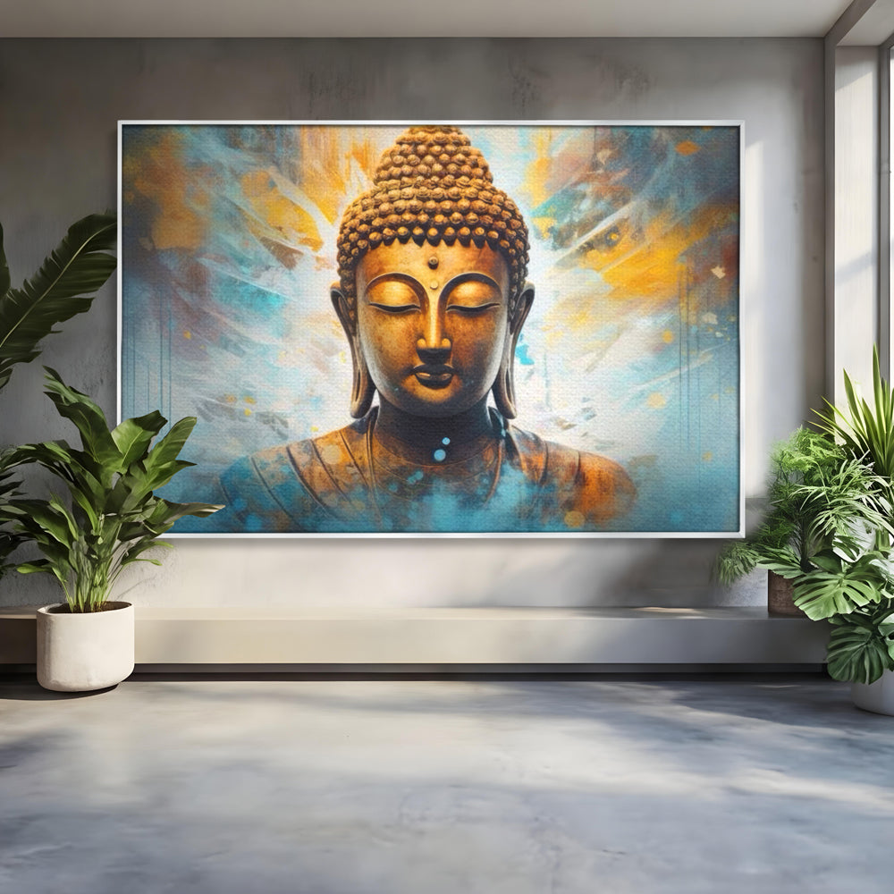 Tablou Canvas Premium LuxCanva® I123, Reflectia Iluminarii, Buddha, Zen, Iluminare, Pace Interioara, Spiritualitate, Armonie, Meditatie, Albastru, Gold, Living, Dormitor