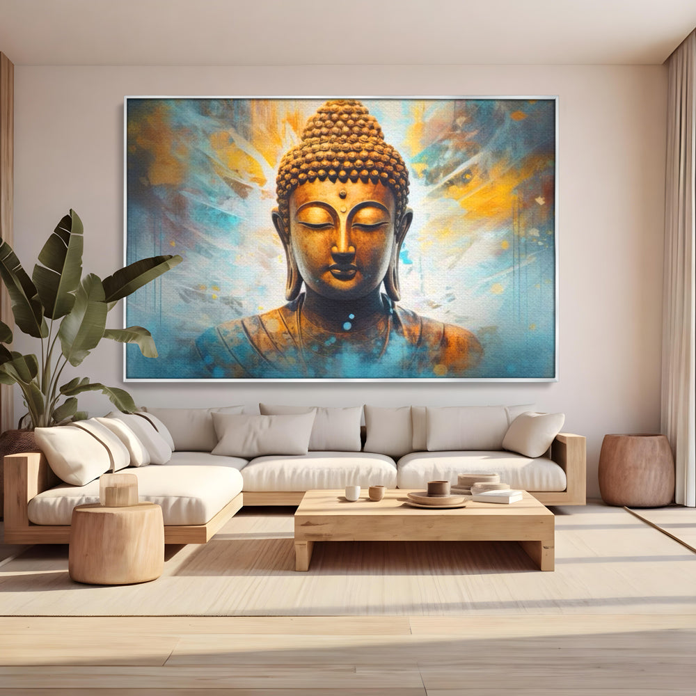 Tablou Canvas Premium LuxCanva® I123, Reflectia Iluminarii, Buddha, Zen, Iluminare, Pace Interioara, Spiritualitate, Armonie, Meditatie, Albastru, Gold, Living, Dormitor