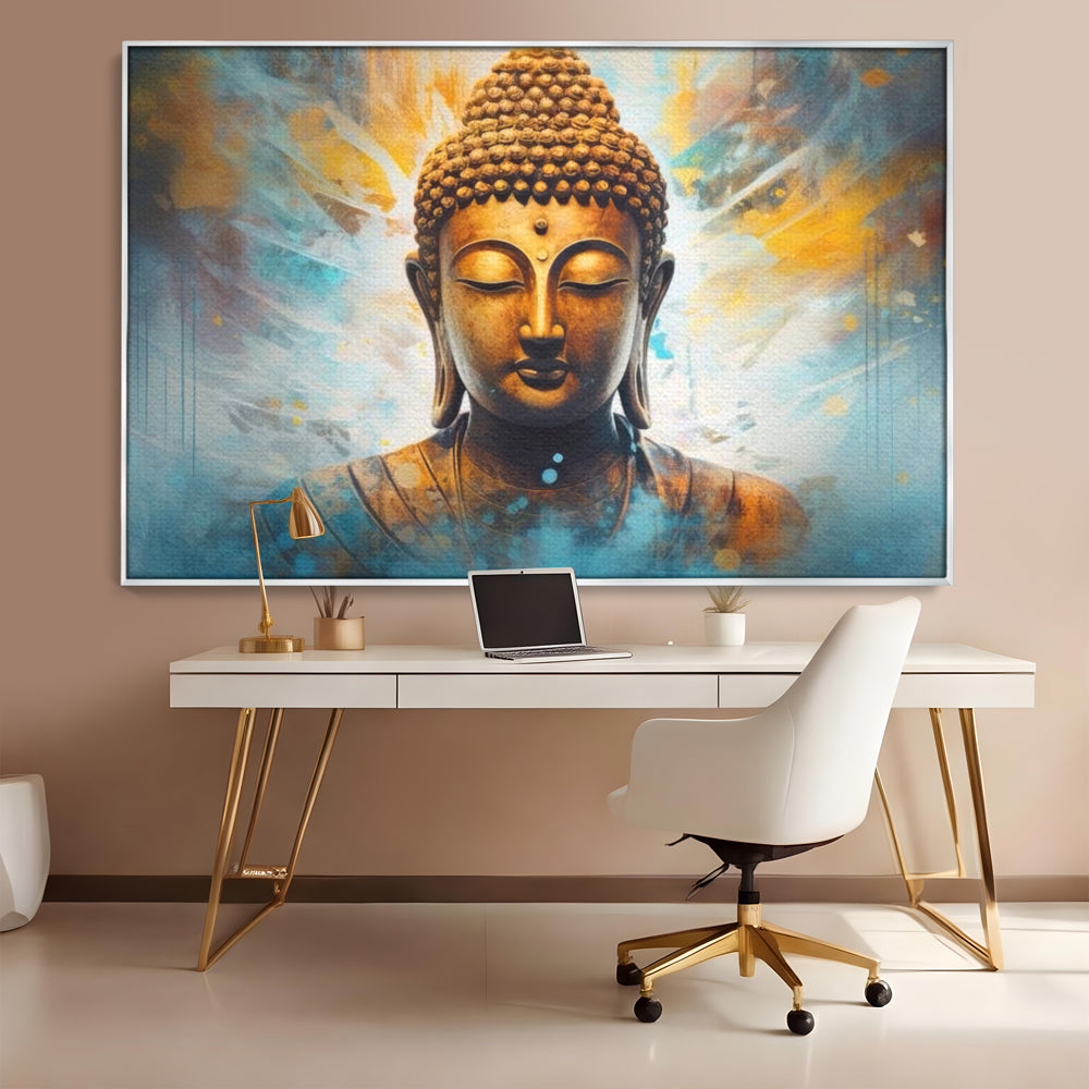 Tablou Canvas Premium LuxCanva® I123, Reflectia Iluminarii, Buddha, Zen, Iluminare, Pace Interioara, Spiritualitate, Armonie, Meditatie, Albastru, Gold, Living, Dormitor
